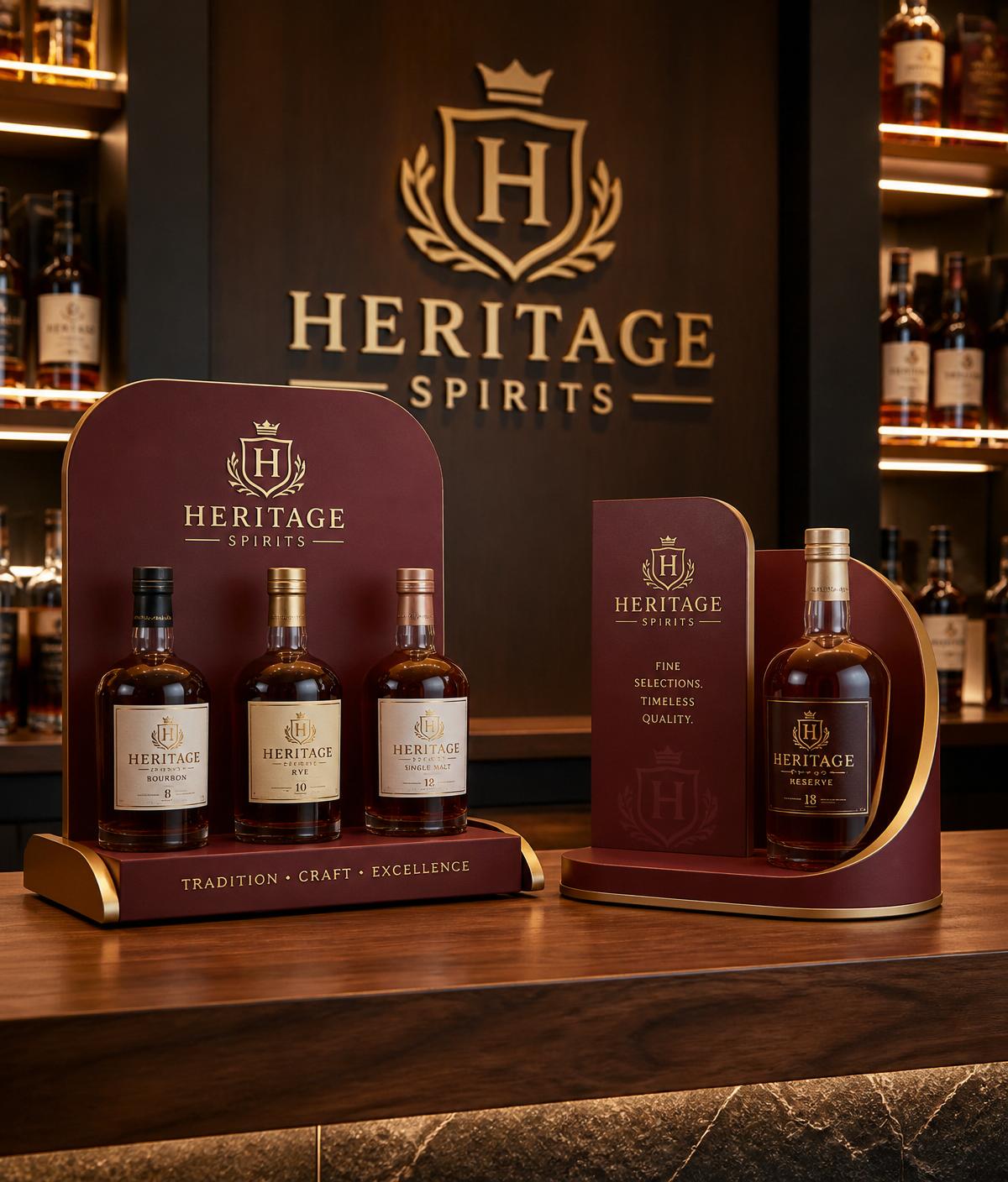 Branded 3D-printed countertop bottle displays and logo signage on a walnut counter