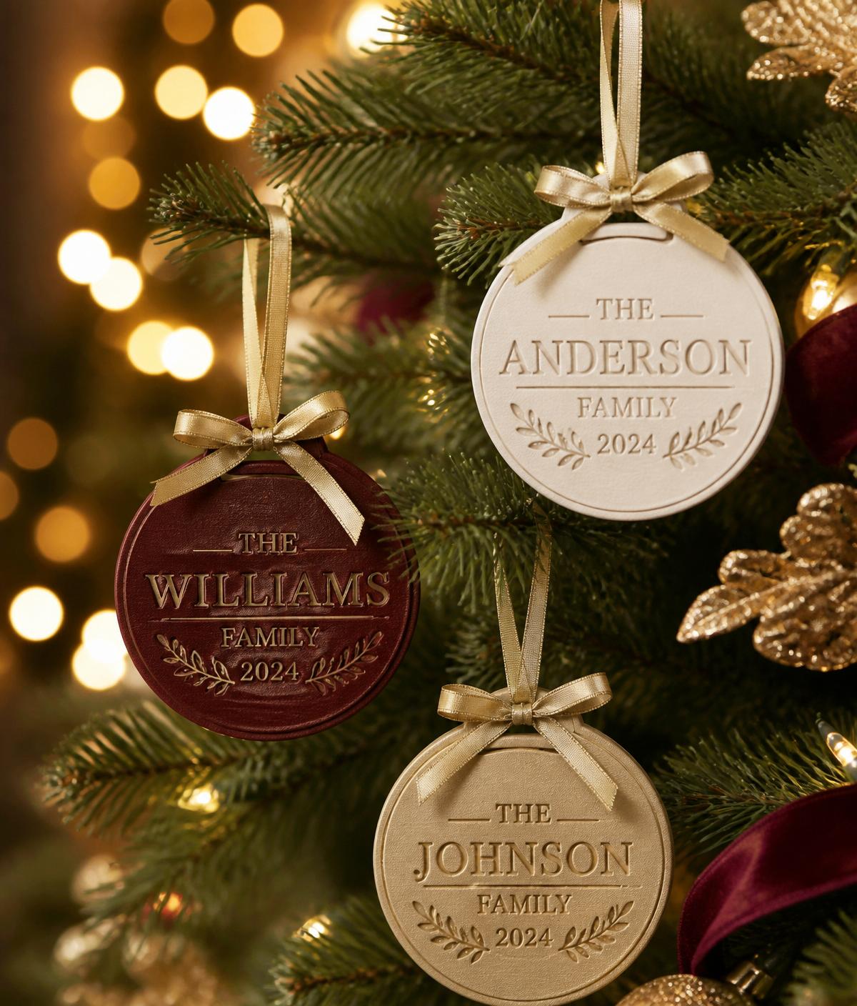 Personalized 3D-printed Christmas ornaments in burgundy, gold and cream