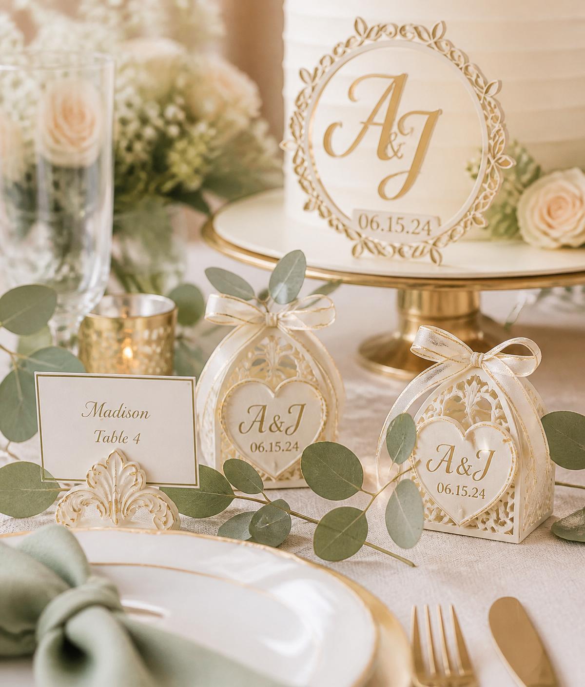 3D-printed wedding favors and monogrammed cake topper with sage eucalyptus and cream linen