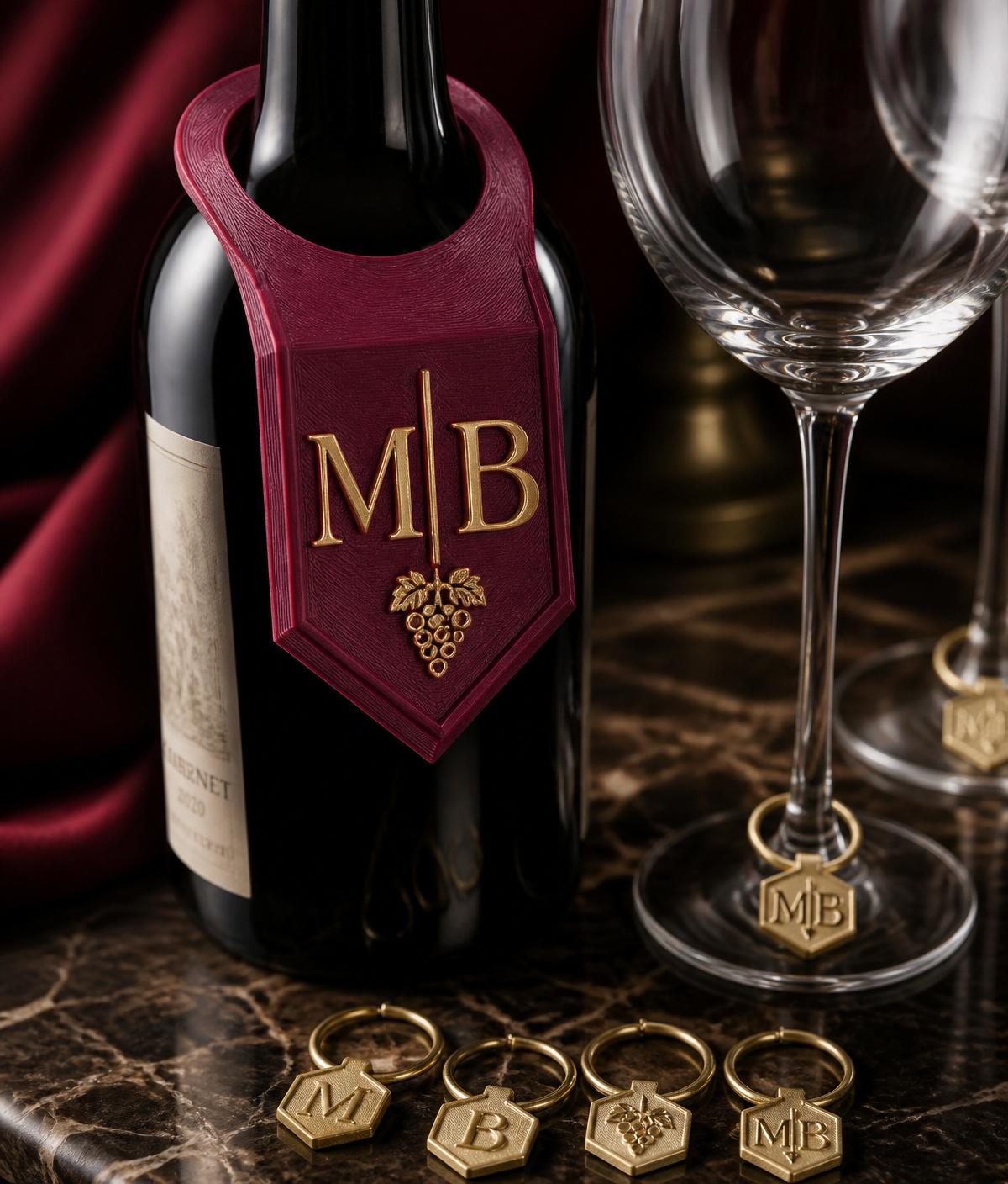Custom 3D-printed burgundy bottle collar with gold monogram and matching wine glass markers